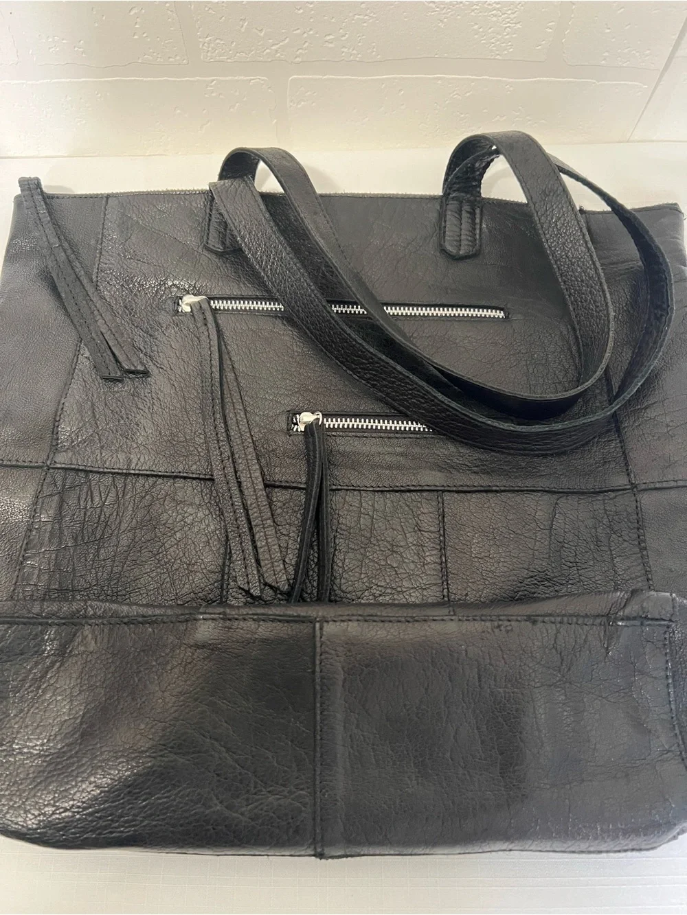 Day & Mood Anthropologie Heather Black Leather Moto Tote Bag Front Zip Pockets